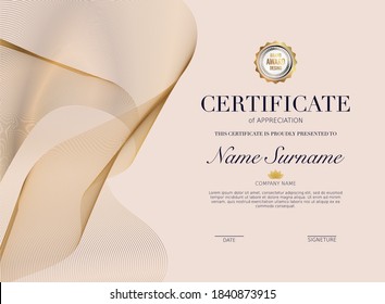 Certificate template with golden decoration element. Design diploma graduation, award. Vector illustration.