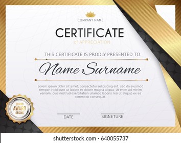 Certificate template with golden decoration element. Design diploma graduation, award. Vector illustration.