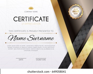 Certificate template with golden decoration element. Design diploma graduation, award. Vector illustration.