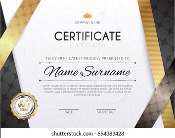 Certificate template with golden decoration element. Design diploma graduation, award. Vector illustration.