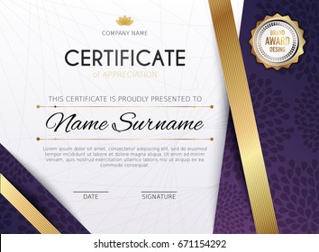 Certificate template with golden decoration element. Design diploma graduation, award. Vector illustration.