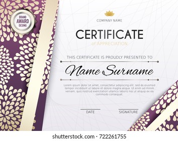 Certificate template with golden decoration element. Design diploma graduation, award. Vector illustration.