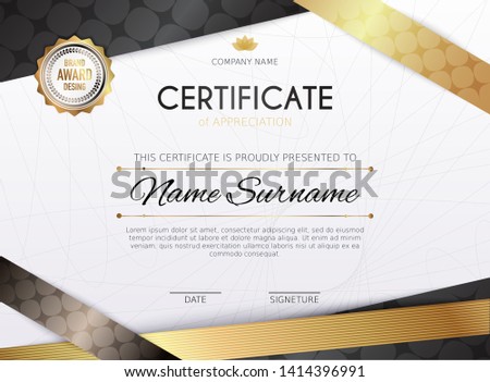 Certificate template with golden decoration element. Design diploma graduation, award. Vector illustration.