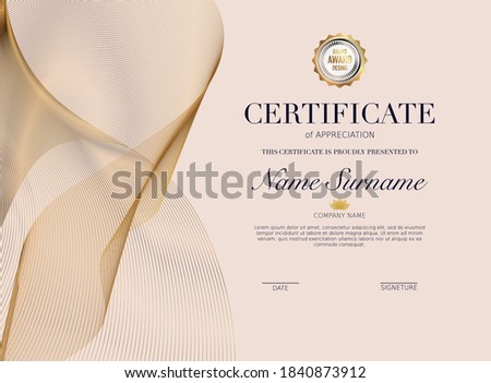 Certificate template with golden decoration element. Design diploma graduation, award. Vector illustration.