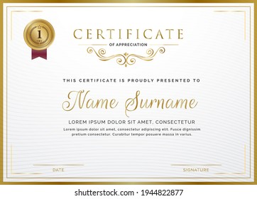 Certificate Template With Golden Frame Border And Gold Badge For Diploma, Deed, Certificate Of Appreciation, Achievement, Attendance, Award Plaque Design, Gift Certificate.