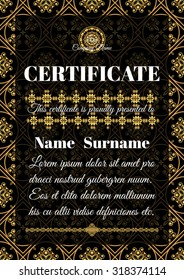 Certificate template. Golden ornamental pattern with Islamic, Arabic, Indian or ottoman motifs. Vector illustration.