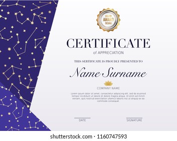 Certificate template with golden stars element. Design diploma graduation, award. Vector illustration.