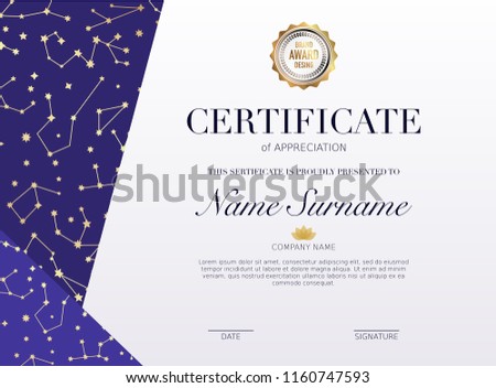 Certificate template with golden stars element. Design diploma graduation, award. Vector illustration.