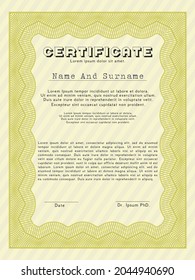Plantilla de certificado.  Buen diseño.  Con patrón de guilloche y fondo.  Ilustración vectorial.  Color amarillo.