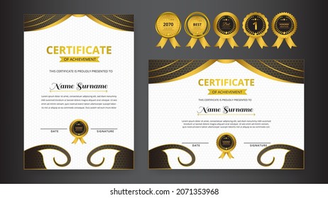 Plantilla de certificado con juego de distintivos de oro y lujo negro degradado Para las necesidades de premios, negocios y educación