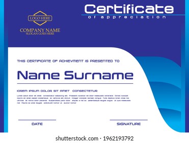 Certificate template in gradient shape vertical style, blue background and white color