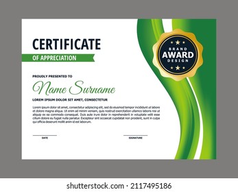Plantilla de certificado con diseño de elemento de flujo verde, vector de diseño de certificado de resumen verde