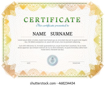 Certificate template with guilloche elements. Yellow diploma border design for personal conferment. Vector image