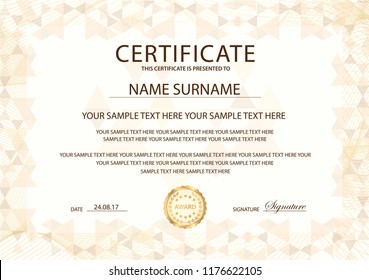 Certificate template with Guilloche frame border. Design for Diploma, certificate of appreciation, certificate of achievement, certificate of completion, of excellence, of attendance template, award