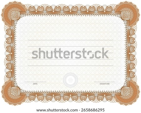 Certificate template with guilloche frame. Bronze diploma border design for personal conferment. Vector layout for award, patent, validation, licence, education, authentication, achievement, etc