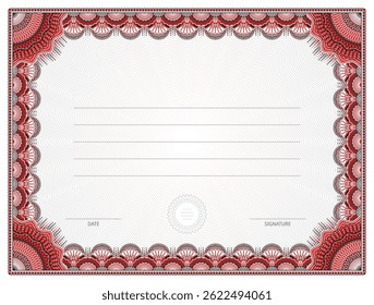 Certificate template with guilloche frame. Red diploma border design for personal conferment. Vector layout for award, patent, validation, licence, education, authentication, achievement, etc