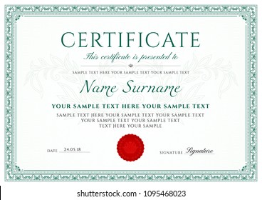 Certificate template with Guilloche pattern, frame border. Design for Diploma, certificate of appreciation, certificate of achievement, certificate of completion, of excellence, of attendance, award