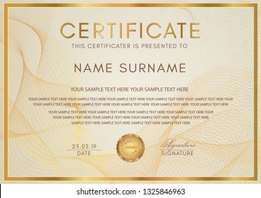 Certificate template with Guilloche pattern, golden frame border and gold award. Background design for Diploma, certificate of appreciation, achievement, completion, of excellence