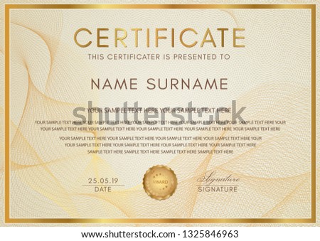 Certificate template with Guilloche pattern, golden frame border and gold award. Background design for Diploma, certificate of appreciation, achievement, completion, of excellence