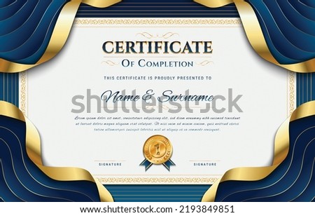 Certificate template with guilloche pattern and luxury golden elements. Diploma template design. Vector illustration.