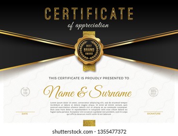 Certificate template with guilloche pattern qnd luxury golden elements. Diploma template design. Vector illustration.