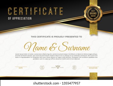 Certificate template with guilloche pattern qnd luxury golden elements. Diploma template design. Vector illustration.