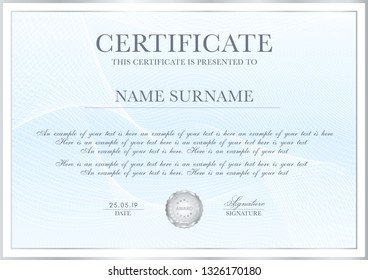 Certificate template with Guilloche pattern, silver frame border and gold award. Blue background design for Diploma, certificate of appreciation, achievement, completion, of excellence