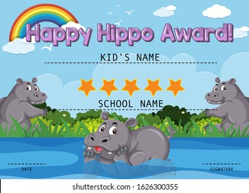 Certificate template for happy award with hippo in the park illustration