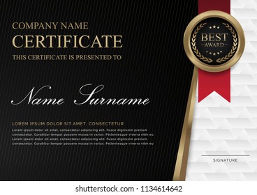 Certificate template horizontal with luxury and modern pattern, appreciation award 
diploma template of  black background and golden shapes and badge.