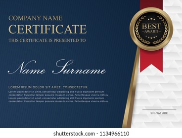 Certificate template horizontal with luxury and modern pattern, appreciation award diploma template of  black background and golden shapes and badge.