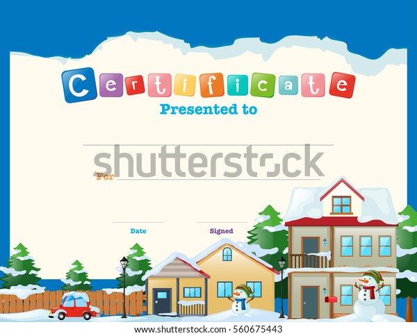 Certificate template with houses in winter\
background\
illustration