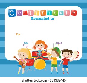 Certificate template with kids in the band illustration