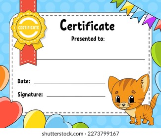 Certificate template for kids. Colorful school and preschool diploma. With cute character. Vector illustration.