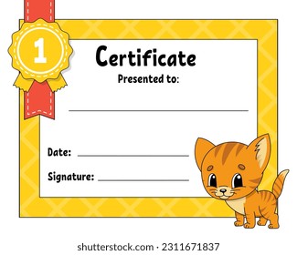 Certificate template for kids. Colorful school and preschool diploma. With cute character. Vector illustration.