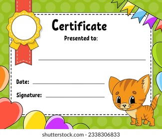 Certificate template for kids. Colorful school and preschool diploma. With cute character. Vector illustration.