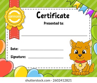 Certificate template for kids. Colorful school and preschool diploma. With cute character. Vector illustration.
