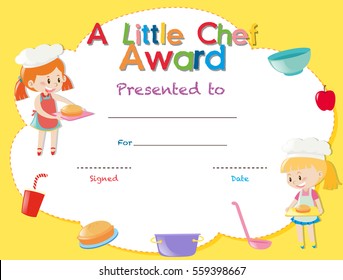 Certificate template with kids cooking illustration