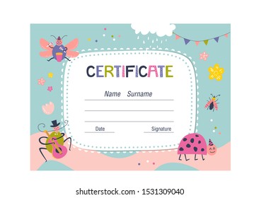 Certificate template for kids on colorful background with beetles and flowers for school, preschool or playschool. Vector illustration