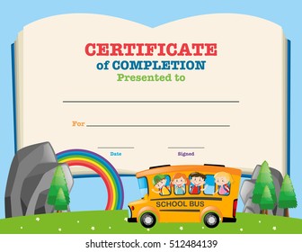 Certificate template with kids on school bus illustration