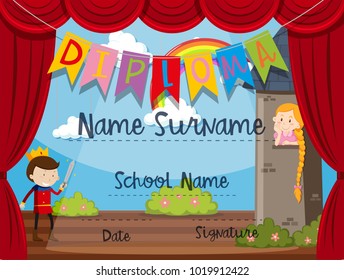 Plantilla de certificado con hijos en la ilustración de escenario