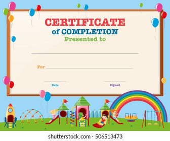 Certificate template with kids in playground illustration