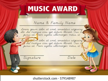 Certificate Template With Kids Playing Music On Stage Illustration