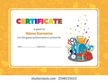 Certificate template for kids. schools and preschools have a orange background color. With learning tools vector Illustration