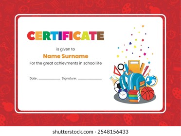 certificate template for kids. schools and preschools have a red background color. With learning tools vector Illustration