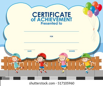 Certificate template with kids skating illustration