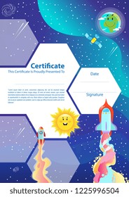 Certificate template for kids. Space theme. Spaceship, rocket, Earth and Sun.