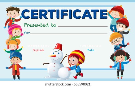 Certificate template with kids in winter illustration