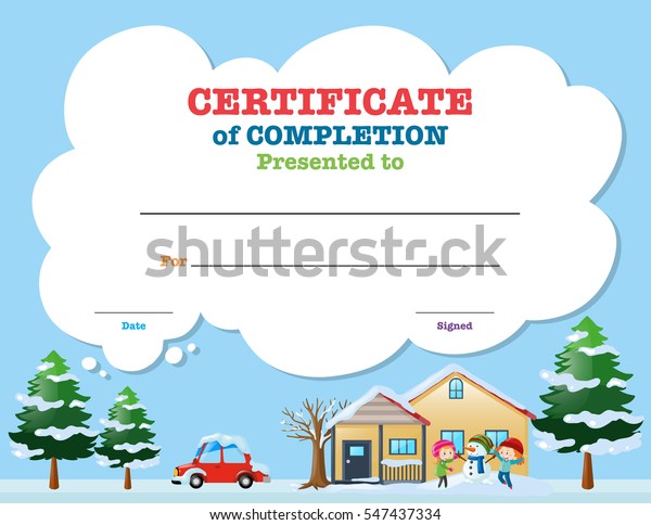 Certificate\
template with kids in winter\
illustration