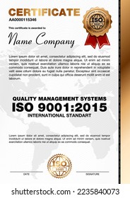 Certificate template with line pattern and golden emblem, ISO 9001 certified, Vector illustration. Certificate template.