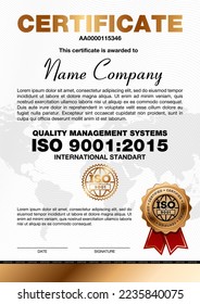 Certificate template with line pattern and golden emblem, ISO 9001 certified, Vector illustration. Certificate template.